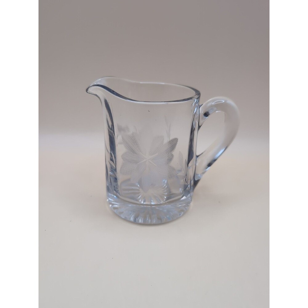Etched Glass Creamer Pour with Flower & Leaves Clear Small Vintage Dish